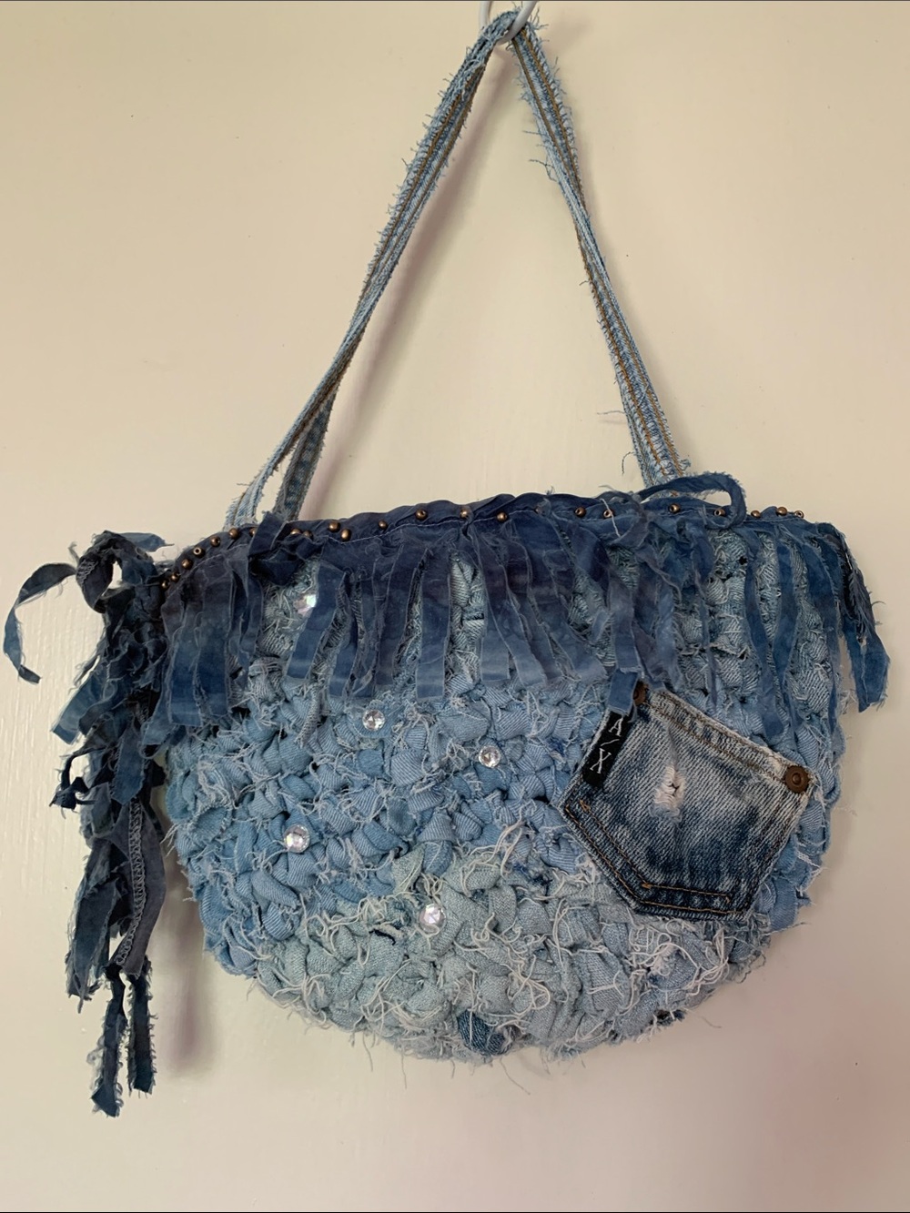 Denim Fringe Tote Bag in Faded Blue